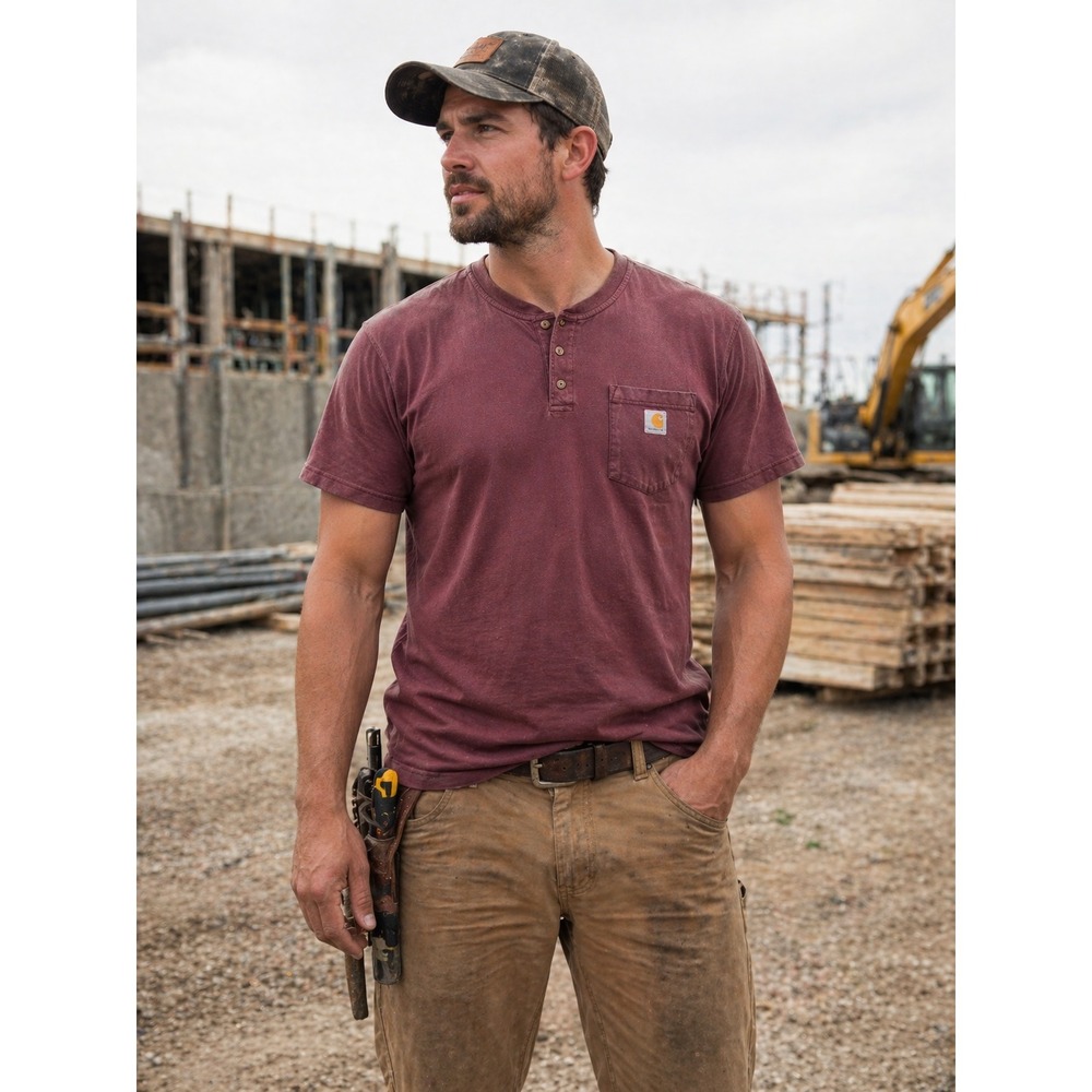 Carhartt Henley‎ T-Shirt Men's Large Maroon Pocket Workwear SS Heavyweight